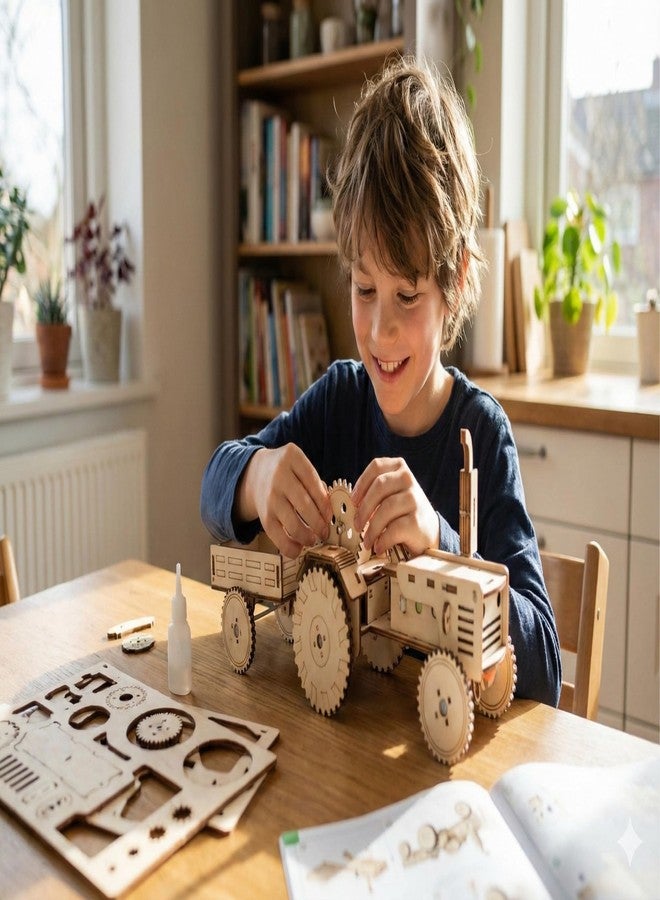 DREWIT STAR 3D Wooden Tractor with Trailer Mechanical Model Kit - Laser Cut DIY Puzzle for Adults and Teens Self-Propelled Engineering Toy Eco-Friendly STEAM Educational Gift Set (Tractor) - Image 3