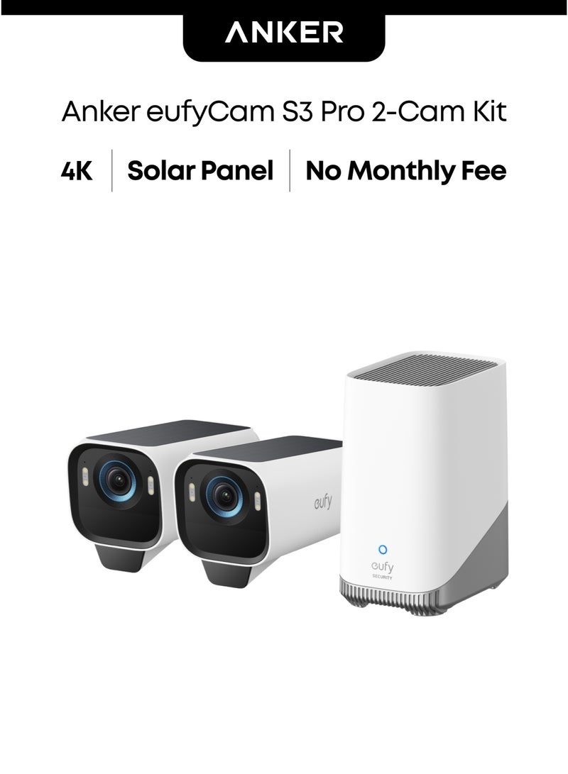 eufy Security eufyCam S3 Pro 2-Cam Kit Solar Security Camera Outdoor Wireless with Solar Panel, Colour Night Vision, 4K, Forever Power 2.0, Face Recognition AI, Expandable Local Storage No Monthly Fee - Image 1