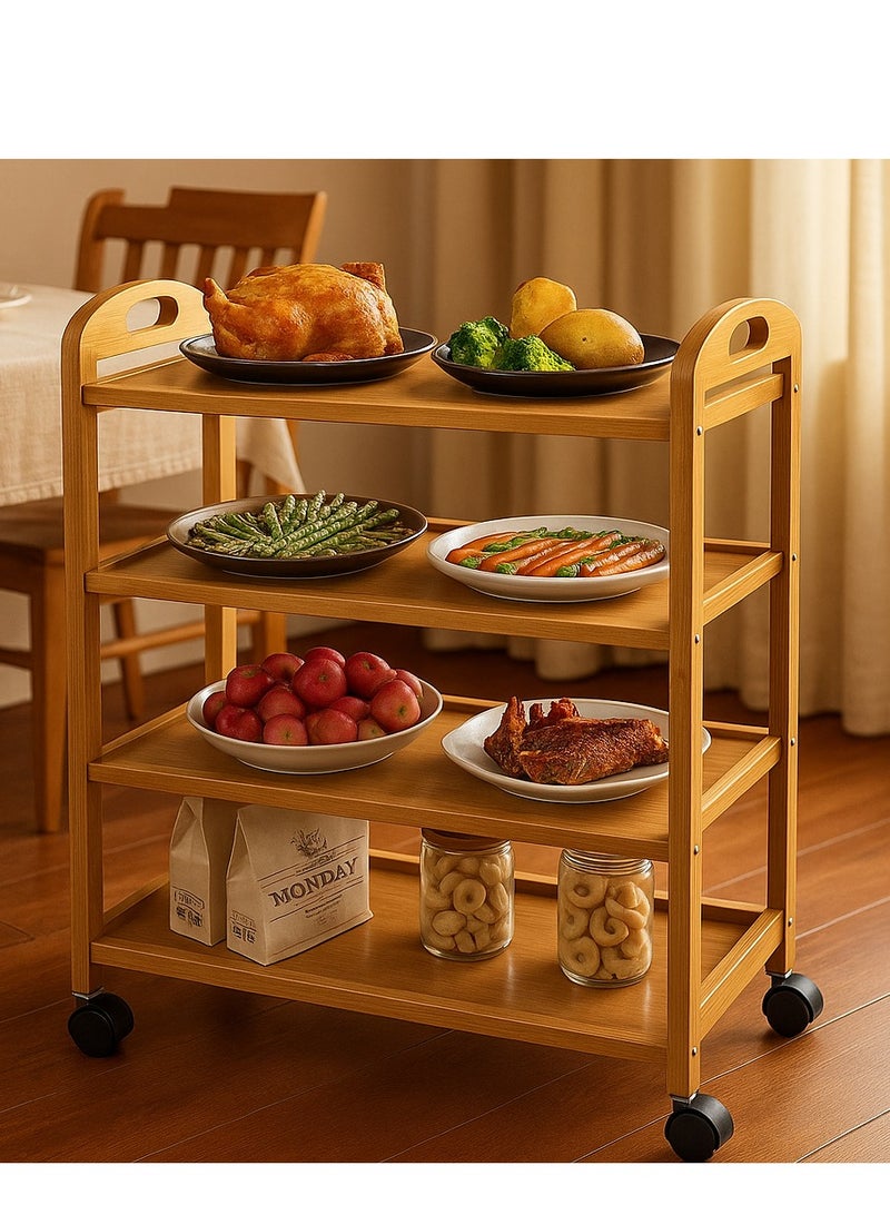 Bamboo Serving Trolley, 4-Tier (60×33×81 cm)  Rolling Utility Cart with 360° Rotating Lockable Wheels – Eco-Friendly Kitchen, Bar & Home Storage Organizer - Image 3