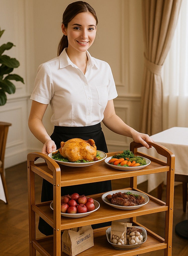 Bamboo Serving Trolley, 4-Tier (60×33×81 cm)  Rolling Utility Cart with 360° Rotating Lockable Wheels – Eco-Friendly Kitchen, Bar & Home Storage Organizer - Image 4