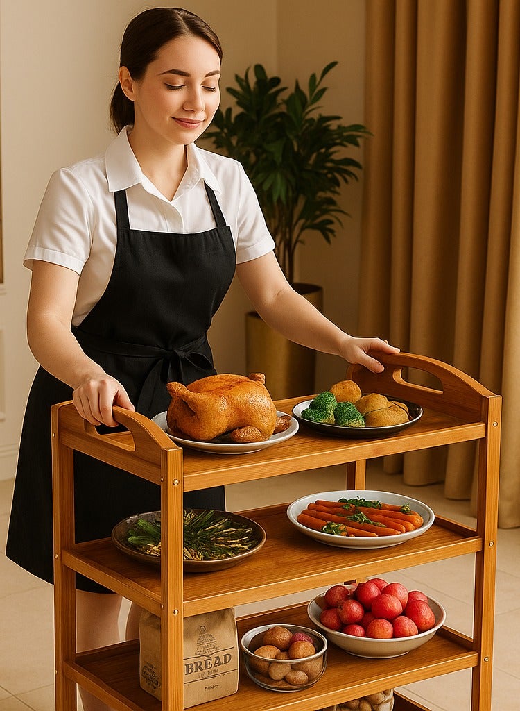 Bamboo Serving Trolley, 4-Tier (60×33×81 cm)  Rolling Utility Cart with 360° Rotating Lockable Wheels – Eco-Friendly Kitchen, Bar & Home Storage Organizer - Image 5