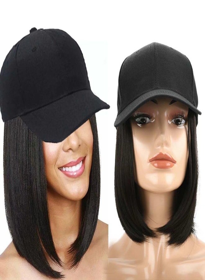 iLUU Short BOB Wig Cap Blended Synthetic Hair Extensions With Baseball Cap 9inch Bobo Hat with Hairpiece Cap and Hair Extensions For Women Gilrs - Natural Black Hair and Black Hat for Daily Use - Image 1