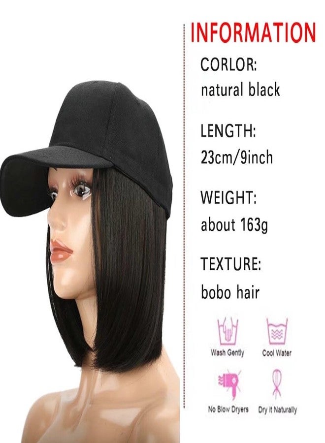 iLUU Short BOB Wig Cap Blended Synthetic Hair Extensions With Baseball Cap 9inch Bobo Hat with Hairpiece Cap and Hair Extensions For Women Gilrs - Natural Black Hair and Black Hat for Daily Use - Image 2