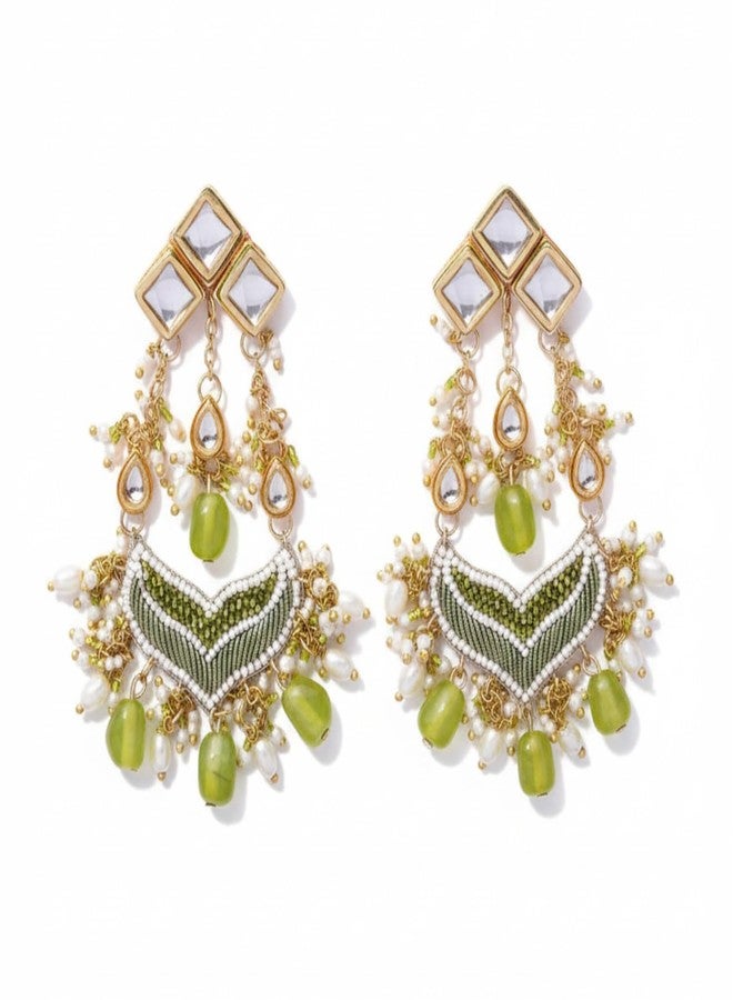 SANJOYA by EVERSTYLISH Kundan Earrings for Women | Polki & Green Beaded Statement Dangler Earrings | Ethnic Jewelry for Weddings, Festivals & Special Occasions - Image 1