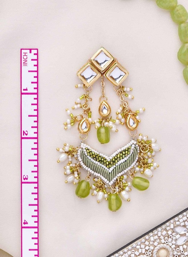 SANJOYA by EVERSTYLISH Kundan Earrings for Women | Polki & Green Beaded Statement Dangler Earrings | Ethnic Jewelry for Weddings, Festivals & Special Occasions - Image 4
