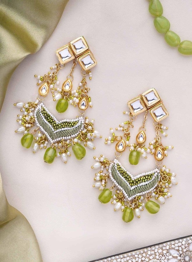 SANJOYA by EVERSTYLISH Kundan Earrings for Women | Polki & Green Beaded Statement Dangler Earrings | Ethnic Jewelry for Weddings, Festivals & Special Occasions - Image 3
