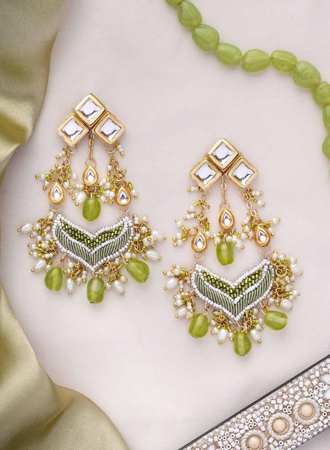 SANJOYA by EVERSTYLISH Kundan Earrings for Women | Polki & Green Beaded Statement Dangler Earrings | Ethnic Jewelry for Weddings, Festivals & Special Occasions - Image 5