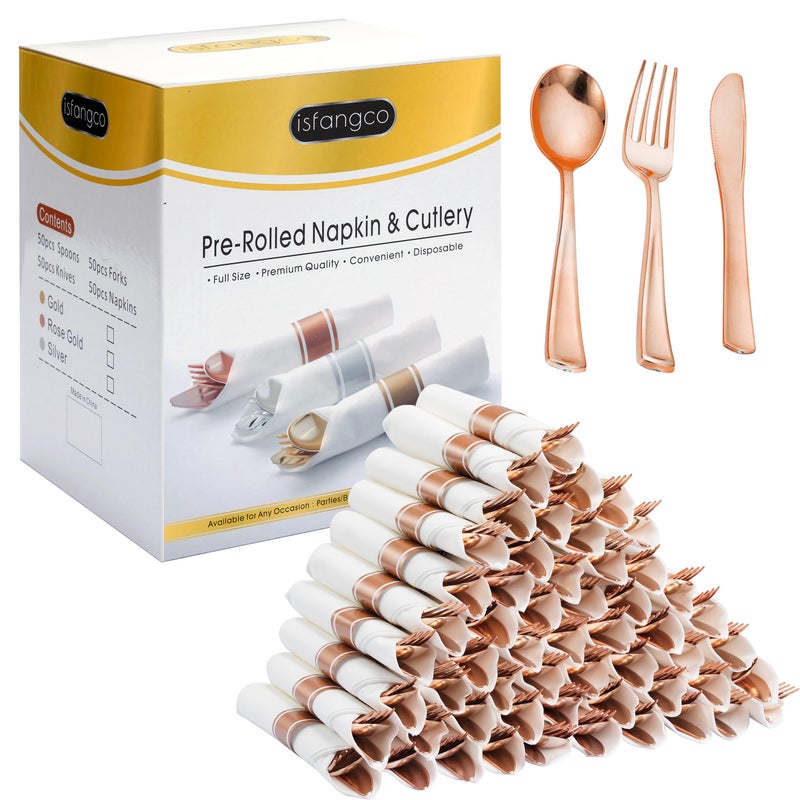 ISFANGCO 50 Pack Pre Rolled Rose Gold Plastic Silverware Set with NapkinsDisposable Wrapped Heavy Duty Cutlery Set for Wedding Birthday Party50 ForksKnivesSpoonsUtensils SetPlasticware Bulk