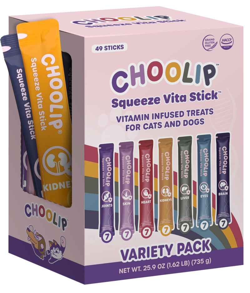 Choolip Squeeze Vita Stick Lickable Cat and Dog Treats â€“ 49-Count Variety Pack â€“ Real Meat Puree with Multivitamins for Total Pet Wellness â€“ Grain-Free, High-Moisture, Vet-Formulated - Image 1