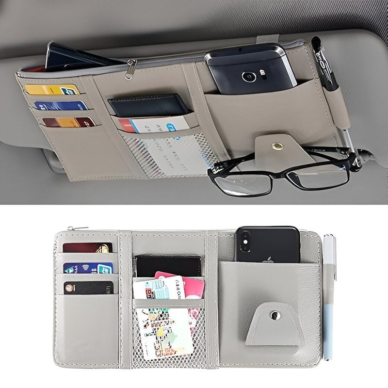 Cuzenal Car Visor Organizer with Zipper – PU Leather Sun Visor Pouch for Cards, Sunglasses, Pens & Small Documents – Car Storage Accessory with Mesh Pockets - Image 1