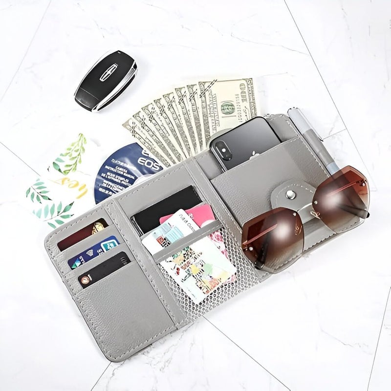 Cuzenal Car Visor Organizer with Zipper – PU Leather Sun Visor Pouch for Cards, Sunglasses, Pens & Small Documents – Car Storage Accessory with Mesh Pockets - Image 2