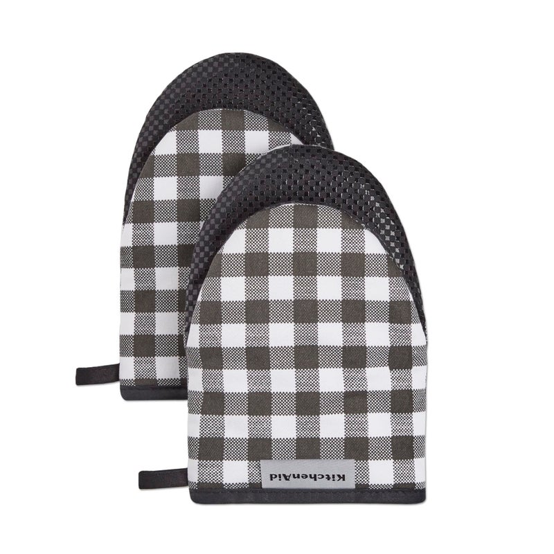 KITCHENAID Gingham Mini Oven Mitt 2-Pack Set, Matte Black, 5.5"x8" - Image 1