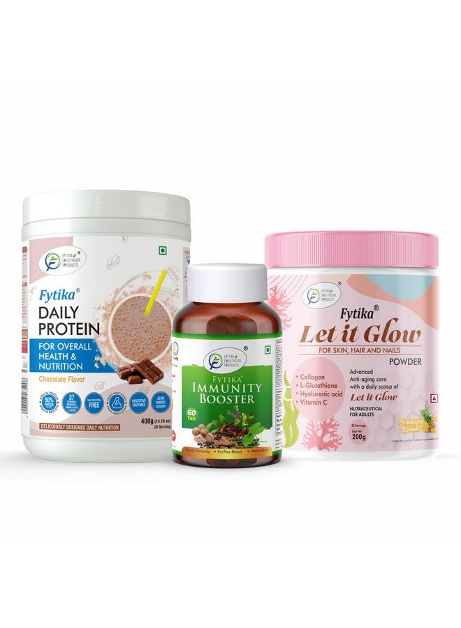 FYTIKA مسحوق بروتين FYTIKA اليومي بنكهة الشوكولاتة - 400 جرام + معزز المناعة Fytika (دعم جهاز المناعة) - 60 قرص + مسحوق الكولاجين Fytika دعها تتألق بنكهة الأناناس - 200 جرام - Image 1