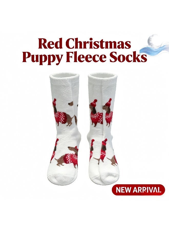جوارب فليس كريسماس بالكلب الصغير للنساء، جوارب مريحة ودفئة منتصبة الساق، جوارب منزلية ناعمة غير انزلاقية للشتاء والعطلات - Image 1