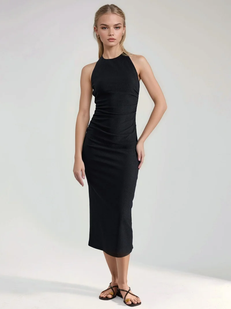 هيكاب Textured Midi Bodycon Dress with Halter Collar