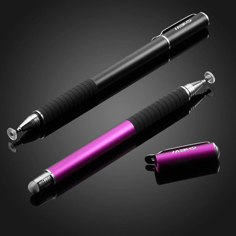MEKO Disc Fine Drawing Stylus Pens 2 in 1 Precision for All Capacitive Touch Screens Cell Phones, Tablets, Laptops Bundle 6 Replacement Tips - 2 Pcs (Black/Purple) - Image 2