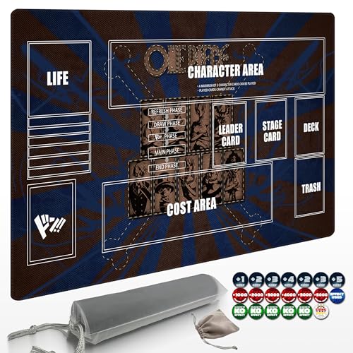 Extalas Playmat for One Piece Card Game 24x14 Inches with NonSlip Rubber Zones Design a Professional Storage Bag Included Plus a LimitedTime Gift of a Set of 20 Damage Counters Black1 - Image 1