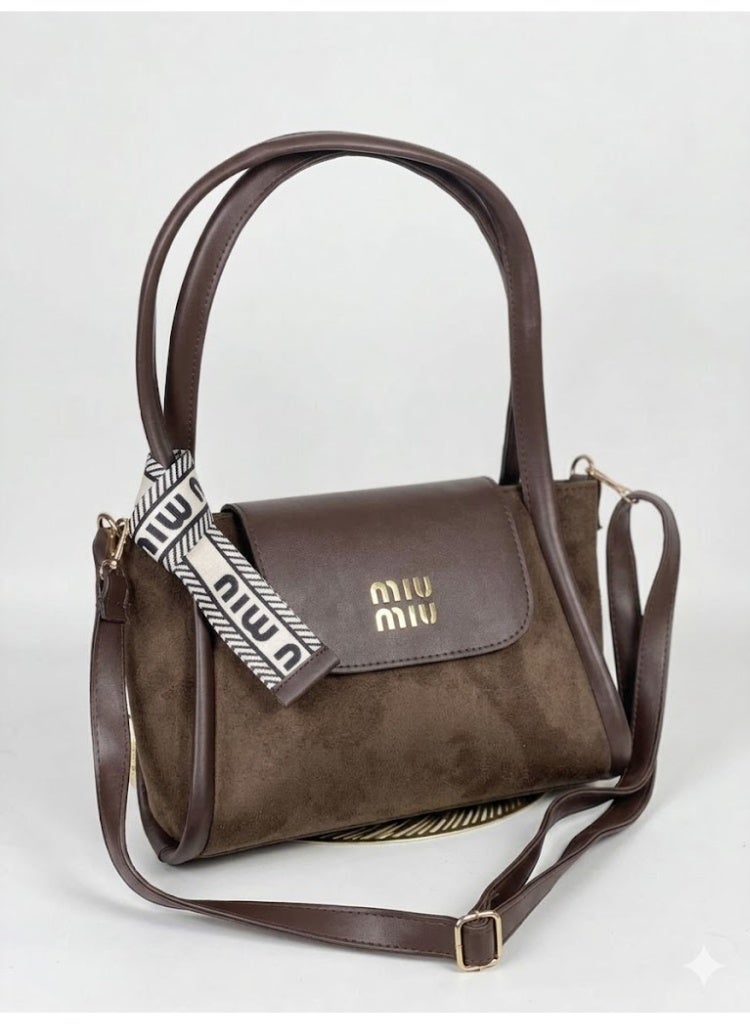 Miu Miu Duo-Texture Suede and Leather Top-Handle Bag – Coffee Brown