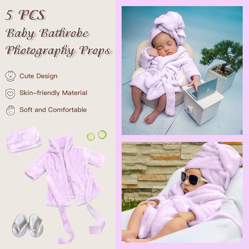 SPOKKI SPOKKI Newborn Photography Props Baby Girl 5 PCS Bathrobes Bath Towel Outfit with Slippers Cucumber Photo Props for Infant Boys Girls(0-6 Months) (Purple) - Image 5