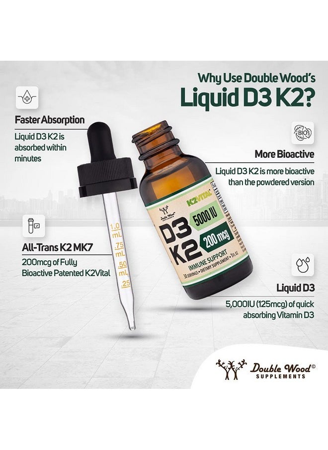 Double Wood Supplements - Vitamin D3 K2 5000 Iu Liquid Drops (5000 Iu Of D3 And 200Mcg Of 99.9% Alltrans Patented K2 Mk7 (K2Vital)) Max Absorption Liquid Vitamin D Drops For Kids And Adults (30 Servings) By Double Wood - Image 1