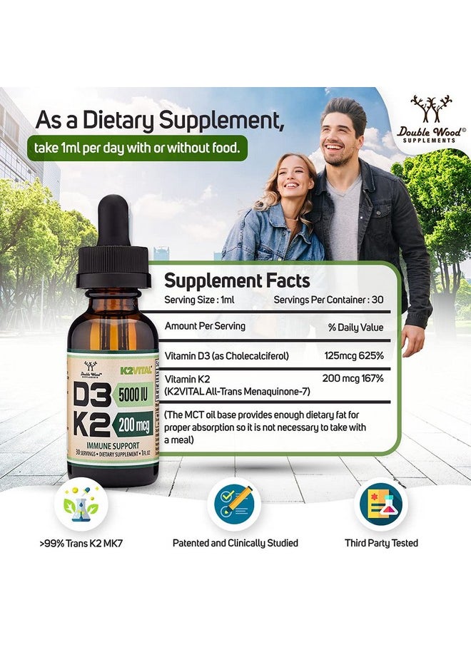 Double Wood Supplements - Vitamin D3 K2 5000 Iu Liquid Drops (5000 Iu Of D3 And 200Mcg Of 99.9% Alltrans Patented K2 Mk7 (K2Vital)) Max Absorption Liquid Vitamin D Drops For Kids And Adults (30 Servings) By Double Wood - Image 1