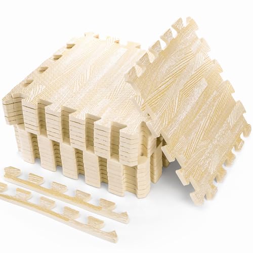 Tebery 16 Pieces Printed Wood Grain Floor Tiles 3/8-Inch Thick EVA Foam Puzzle Floor Mat (White Wood) - Image 1