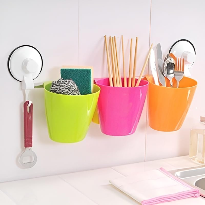 Storia STORIA Wall Mount Plastic 3 Cups Toothbrush Stands for Bathroom Cosmetic Stand Holder with 3 Slots for Keeping Toothpaste, Comb, Cream, Lotion - Image 1