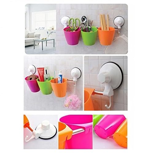 Storia STORIA Wall Mount Plastic 3 Cups Toothbrush Stands for Bathroom Cosmetic Stand Holder with 3 Slots for Keeping Toothpaste, Comb, Cream, Lotion - Image 2