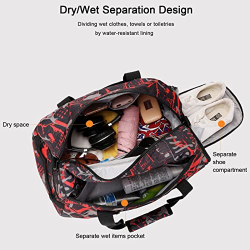 Octsky Sports Duffel Bag Gym Bag with Shoe Compartment Small Travel Overnight Bag Weekender Bag(Red-Graffiti) - Image 2