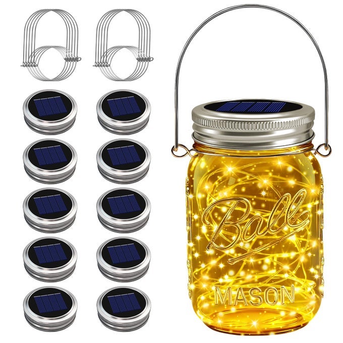 SOLAR MASON JAR LIGHTS 10 PACK 30 LED WATERPROOF OUTDOOR FAIRY FIREFLY JAR LIDS STRING LIGHTS WITH HANGERS NO JARS FOR MASON JARS PATIO GARDEN YARD PARTY WEDDING DECORATIONWARM WHITE