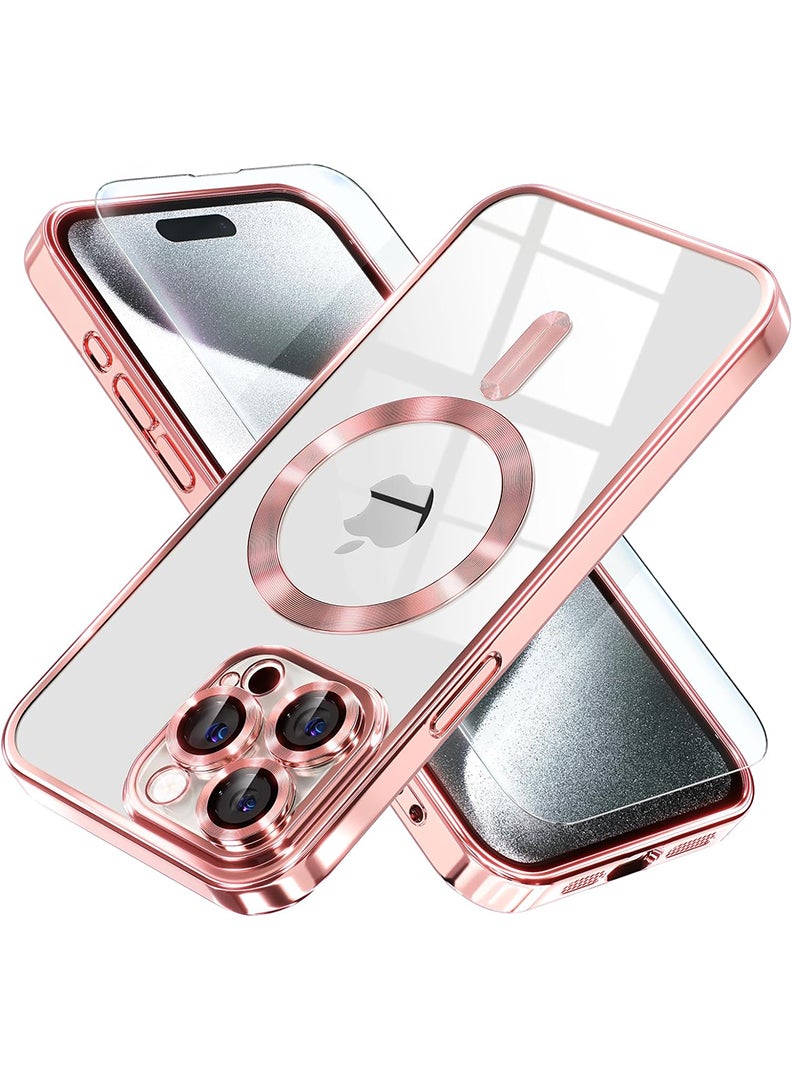 Theodor Magnetic Case for iPhone 15 Pro Max with MagSafe Drop Protection Full Camera Lens Protector Plating Soft Clear Phone Case 6.7 inch - Pink - Image 1