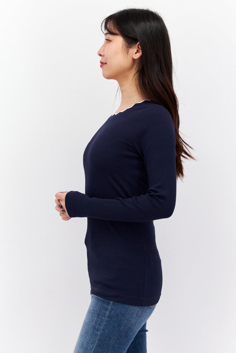 ESPRIT بلوزة نسائية بأكمام طويلة وياقة دائرية، لون كحلي - Image 4