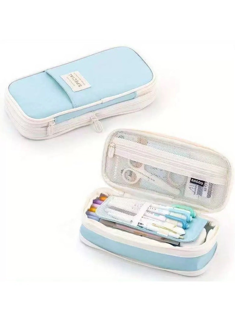 SPECIAL Blue Large Storage Pencil Case Pen Bag with Zipper Big Capacity Pouch Organizer for Office Travel Holder Box - Image 1