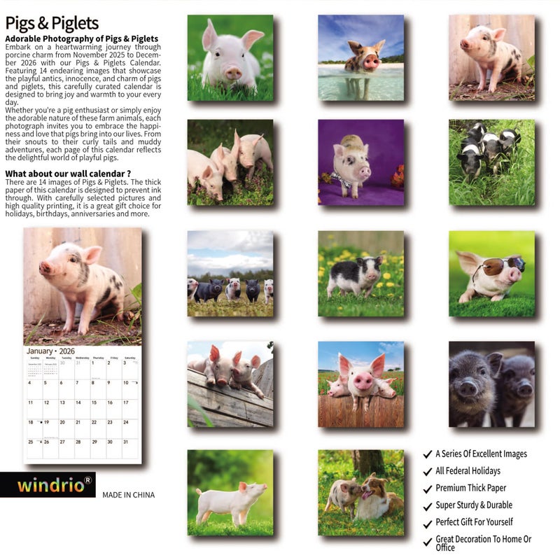 windrio 2026 Wall Calendar,Calendar 2026, November 2025 - December 2026, Wall Calendar Pigs & Piglets, 12" x 24" Opened,Full Page Months Thick & Sturdy Paper for Gift Perfect Calendar Organizing & Planning - Image 2