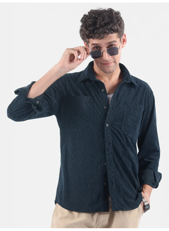 Beyoung Navy Lazer Cut Stripe Textured Corduroy Shirt