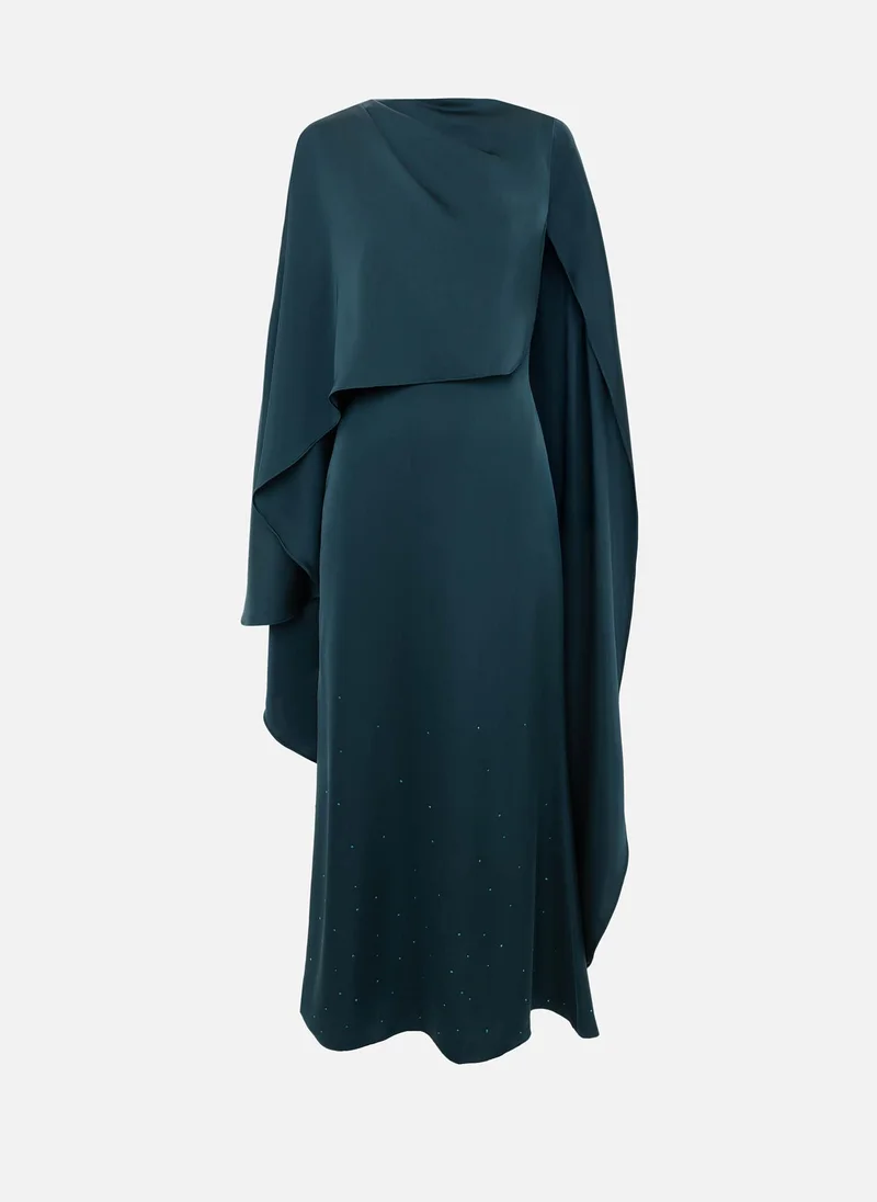 Lichi  Maxi dress with asymmetrical cape and rhinestones on the skirt for Women | Best Price UAE