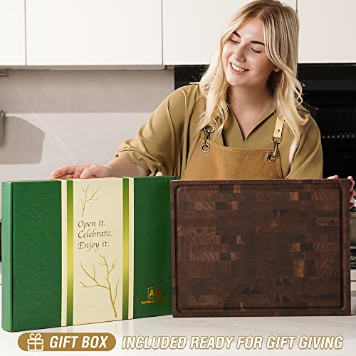 AZRHOM Large End Grain Walnut Wood Cutting Board 17x13x1.5 in Thick Butcher Block for Kitchen with Non-slip Mats Juice Groove & Handles (Gift Box) - Image 3