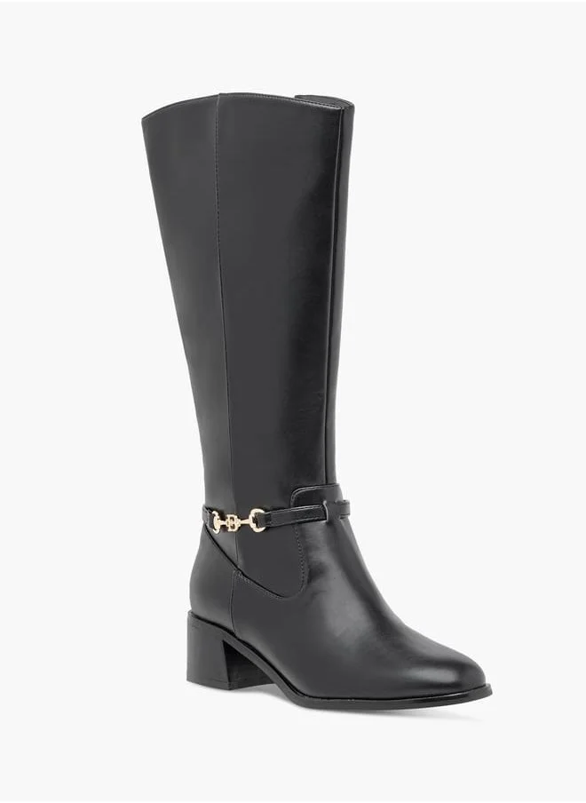 Flora Bella By Shoexpress Women Metal Accent High Shaft Boots with Block Heels and Zip Closure