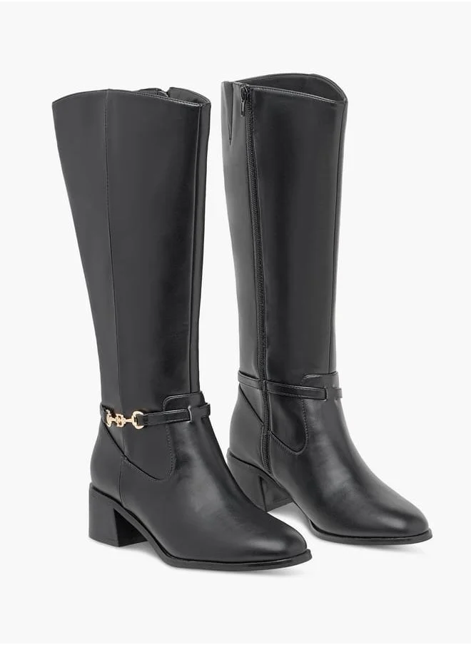 Flora Bella By Shoexpress Women Metal Accent High Shaft Boots with Block Heels and Zip Closure