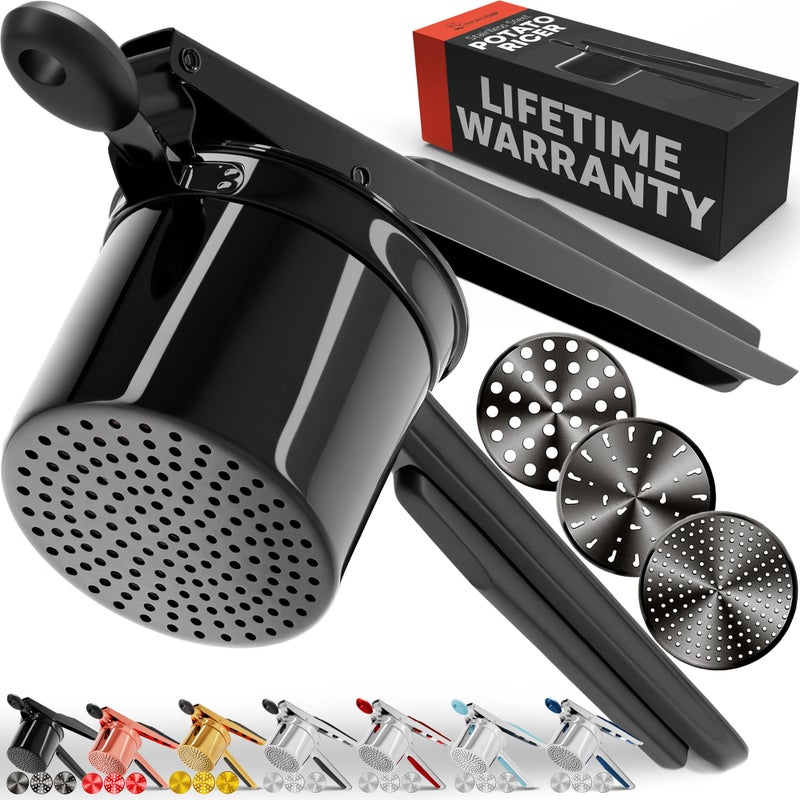 PriorityChef Large 15oz Potato Ricer With 3 Discs Heavy Duty Stainless Steel Potato Ricer for Mashed Potatoes Potato Masher Press and Ricer Kitchen Tool All Black