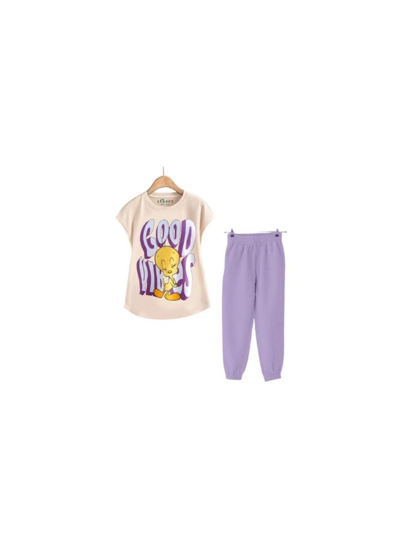 Girls' outing set consisting of an off-white T-shirt and purple pants