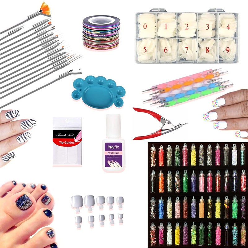 CoslifestoreNail art studio kit for girlswith Nail Extension set Set of 1080 pcs 48 Nail Art Glitter 5 Dotting Tool15 Nail art Brushes Palette 5 Adhesive Nail Striping Tape nail glue 4 French strips 1000 fake nail tips toe extensions tip cutter - Image 1