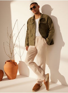 Khaki Limited Edition 100% Linen Regular Fit Multi-Pocket Jacket TMNSS24CE00006