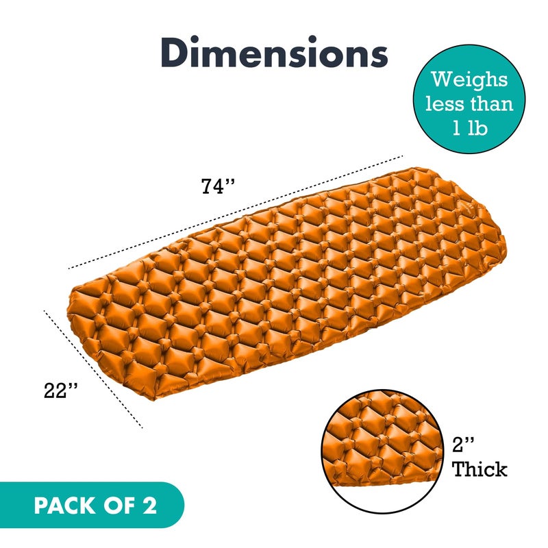 Sleepingo حصيرة نوم قابلة للنفخ للتخييم - عبوة من 2 - وسادة نوم فائقة الخفة للتخييم والمشي لمسافات طويلة - مرتبة هوائية مدمجة - حصيرة تخييم مع نايلون مقاوم للتمزق - 73.5" × 21.5" - برتقالي - Image 3