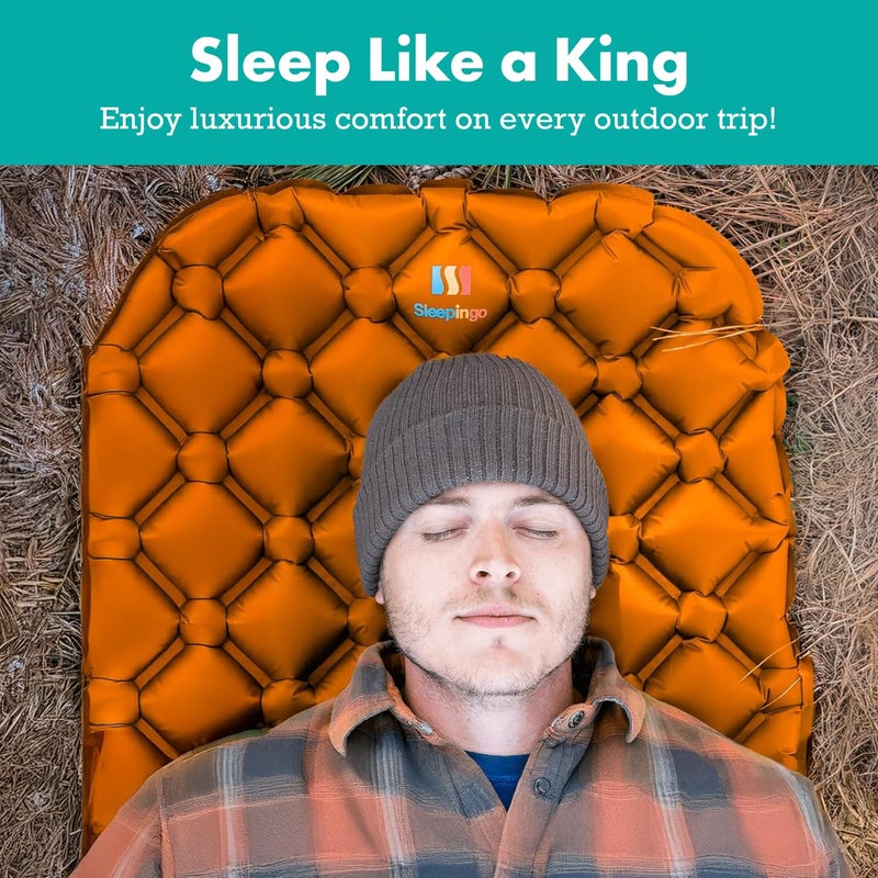 Sleepingo حصيرة نوم قابلة للنفخ للتخييم - عبوة من 2 - وسادة نوم فائقة الخفة للتخييم والمشي لمسافات طويلة - مرتبة هوائية مدمجة - حصيرة تخييم مع نايلون مقاوم للتمزق - 73.5" × 21.5" - برتقالي - Image 4