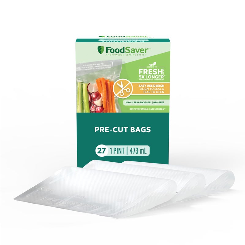 FoodSaver Pint Pre-Cut Vacuum Seal Bags, Easy Use Vacuum Storage Bags, Align to Seal and Tear to Open Vacuum Sealer Storage Bags, 27 Pack - Image 1