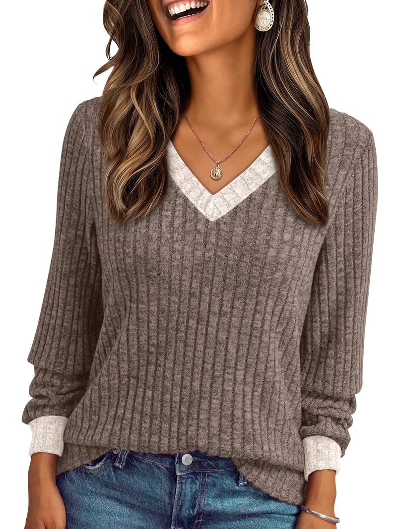 AUTOMET Womens V Neck Long Sleeve Shirt Fall Fashion Tops Tunic Dressy Casual Sweater Clothes Cute Trendy Work Outfits 2026 Khaki Apricot M - Image 1