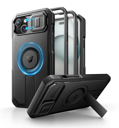 Dexnor for iPhone 15 Plus14 Plus Case with Slide Camera Cover Adjustable Kickstand Builtin Screen Protector Magsafe Rugged Shockproof Bumper Cases HeavyDuty Magnetic Protective CoverBlack - Image 1
