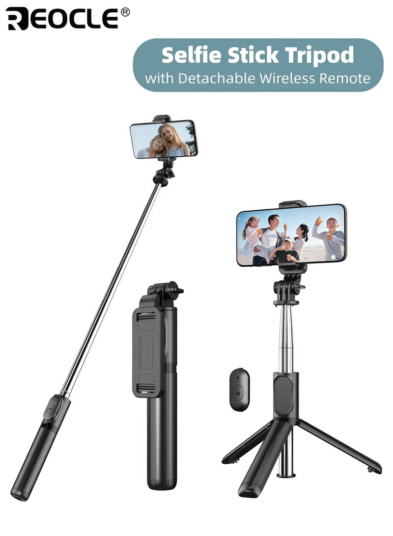 REOCLE Extendable Selfie Stick Monopod with Wireless Remote & 360 Degree Rotation Portable Aluminum Phone Tripod Stand with Stable Base & Phone Holder for iOS Android Devices Travel Vlogging (40 Inch) - Image 1