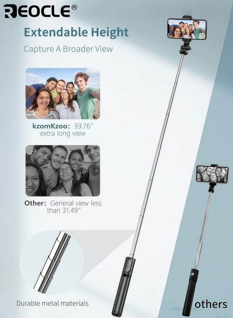 REOCLE Extendable Selfie Stick Monopod with Wireless Remote & 360 Degree Rotation Portable Aluminum Phone Tripod Stand with Stable Base & Phone Holder for iOS Android Devices Travel Vlogging (40 Inch) - Image 2